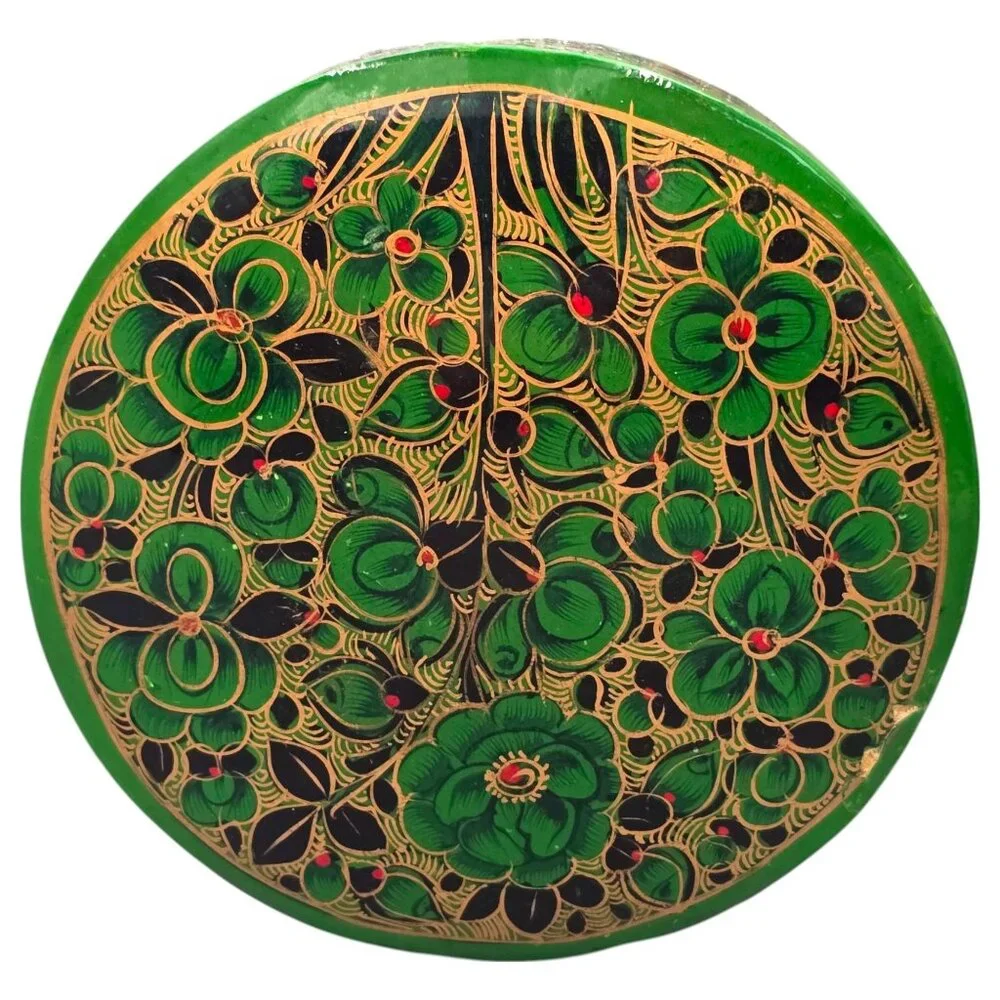 Paper Mache Green Floral Coaster Set Of 6 Storage Box Lacquered‎ Hand Painted